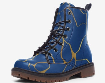Kintsugi Blue Boots, Kintsugi Blue Vegan Leather Combat boots MT Kintsugi Shoes