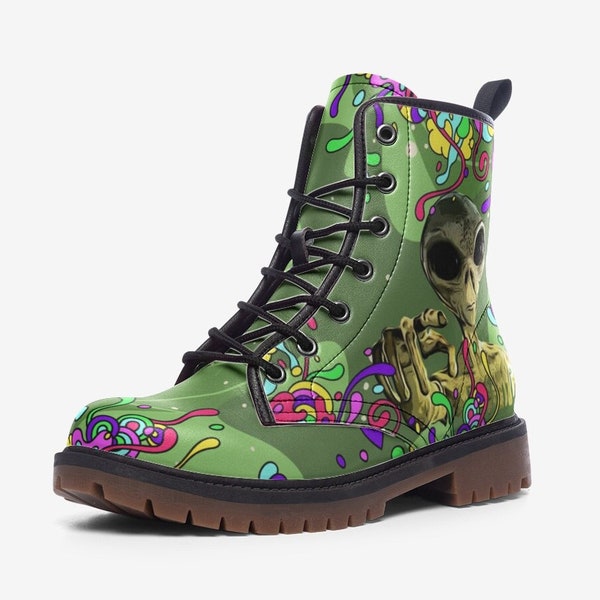 Alien Boots Green Party Alien UFO Boots Trippy Ovni Ufo Rave Boots Festival Footwear Vegan Leather Lace Up boots