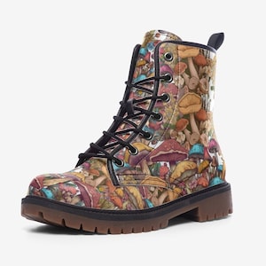 Combat Boots, Mushroom Boots Vegan Leather Lace Up Boots Custom Boots Aesthetic Shoes Work Boots Fairycore Forestcore Witchcore Footwear