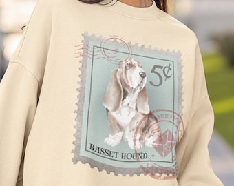 Basset Hound Sweatshirt, Basset Hound Post Stamp Sweatshirt, Basset Mom gifts for Basset Hound Owner Sweater Crew Neck