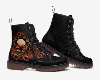 Monarch Butterfly Boots Flower Vegan Leather Combat Boots Unique Rave Boots Butterfly Boots Flower Festival Boots