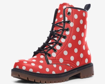 Polka Dot Boots Red and White Polka Dots Vegan Leather Lace Up Combat Boots Rave Boots Festival Shoes Faux Leather