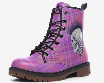 Punk Boots Pink Skull Tartan Vegan Leather Lace Up Combat  boots Scottish Goth Boots Punk Shoes Faux Leather Plaid Gothic Pink Boots