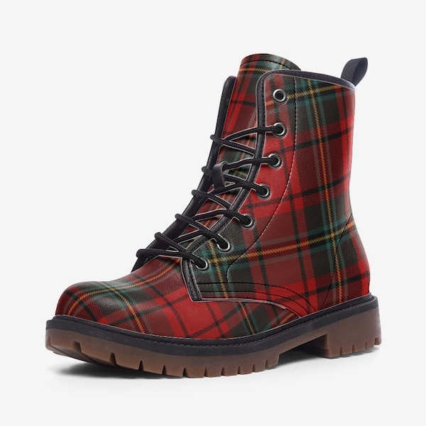 Red Scottish Clan Tartan Style Boots Vegan Leather Lace Up Combat boots Punk Goth Boots Rave Festival Faux Leather Shoes Grunge Plaid Red