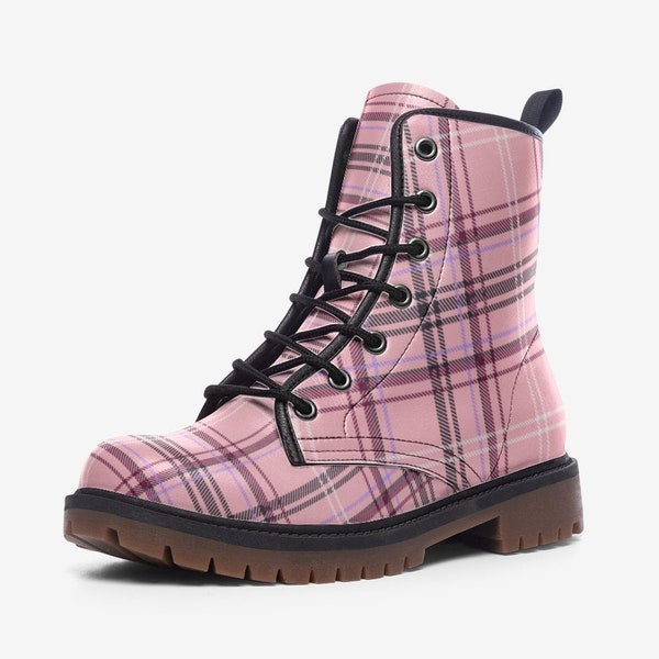 Pink Scottish Boots Pink and Black Tartan Scottish Combat Boots Vegan Leather Lace Up Plaid boots Goth Punk Boots Faux Leather Rave Festival
