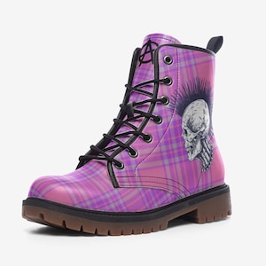 Punk Boots Pink Skull Tartan Vegan Leather Lace Up Combat boots Scottish Goth Boots Punk Shoes Faux Leather Plaid Gothic Pink Boots