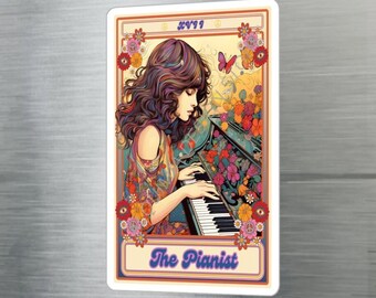 May include: A vintage-style illustration of a woman playing a piano with flowers and peace signs surrounding her. The text "The Pianist" is below the piano.