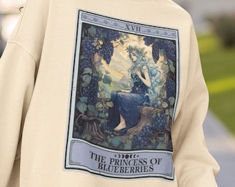Sweat-shirt aux myrtilles, sweat-shirt carte de tarot princesse des bleuets, pull aux fruits col rond aux baies, cadeaux pour les amateurs de fruits rouges