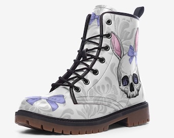 Skull Bunny Goth Boots Vegan Leather Lace Up boots Gothic Easter Bunny Boots White and Purple Bow Rave Boots Festival Faux Leather Boots