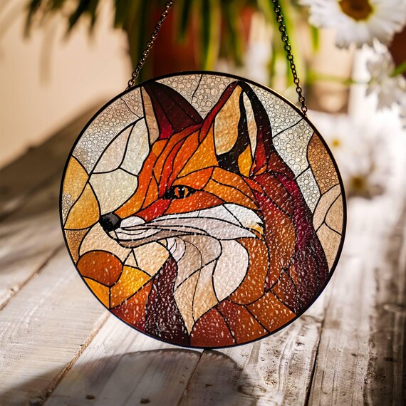 キツネのフェイクステンドグラスサンキャッチャー：野生動物の窓飾り