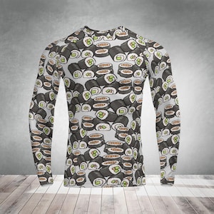 Sushi Print Long Sleeve Rash Guard: Activewear Compression Shirt Jiu Jitsu
