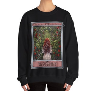 Erdbeer-Sweatshirt, die Prinzessin der Erdbeeren Tarot-Karte Erdbeer-Liebhaber-Geschenke für Obst-Liebhaber Erdbeer-Pullover mit Rundhalsausschnitt Black
