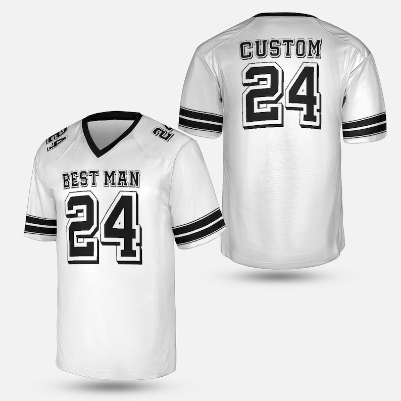 May include: White football jersey with black accents, featuring the text "BEST MAN" and the number "24" on the front. The back of the jersey displays "CUSTOM" and the number "24". The jersey has black stripes on the sleeves.