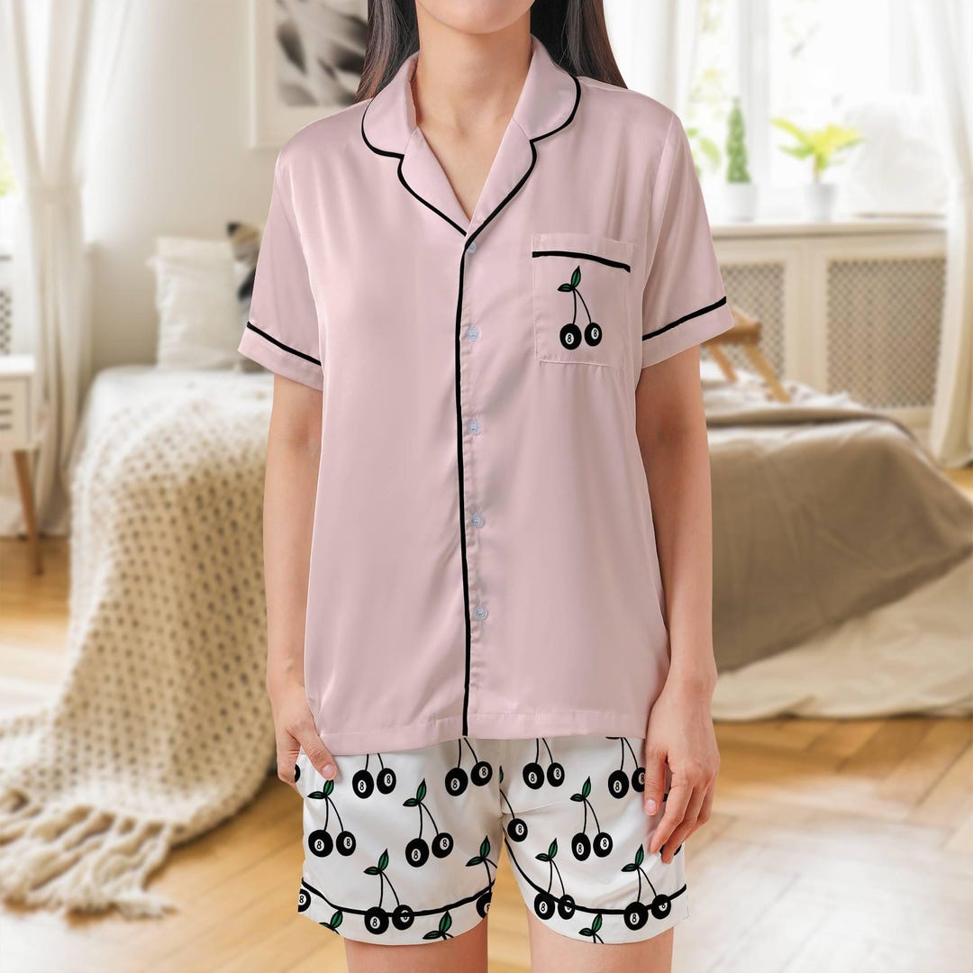 Cherry Satin Pajama Set: Eight Ball Design, Short Sleeves - Etsy