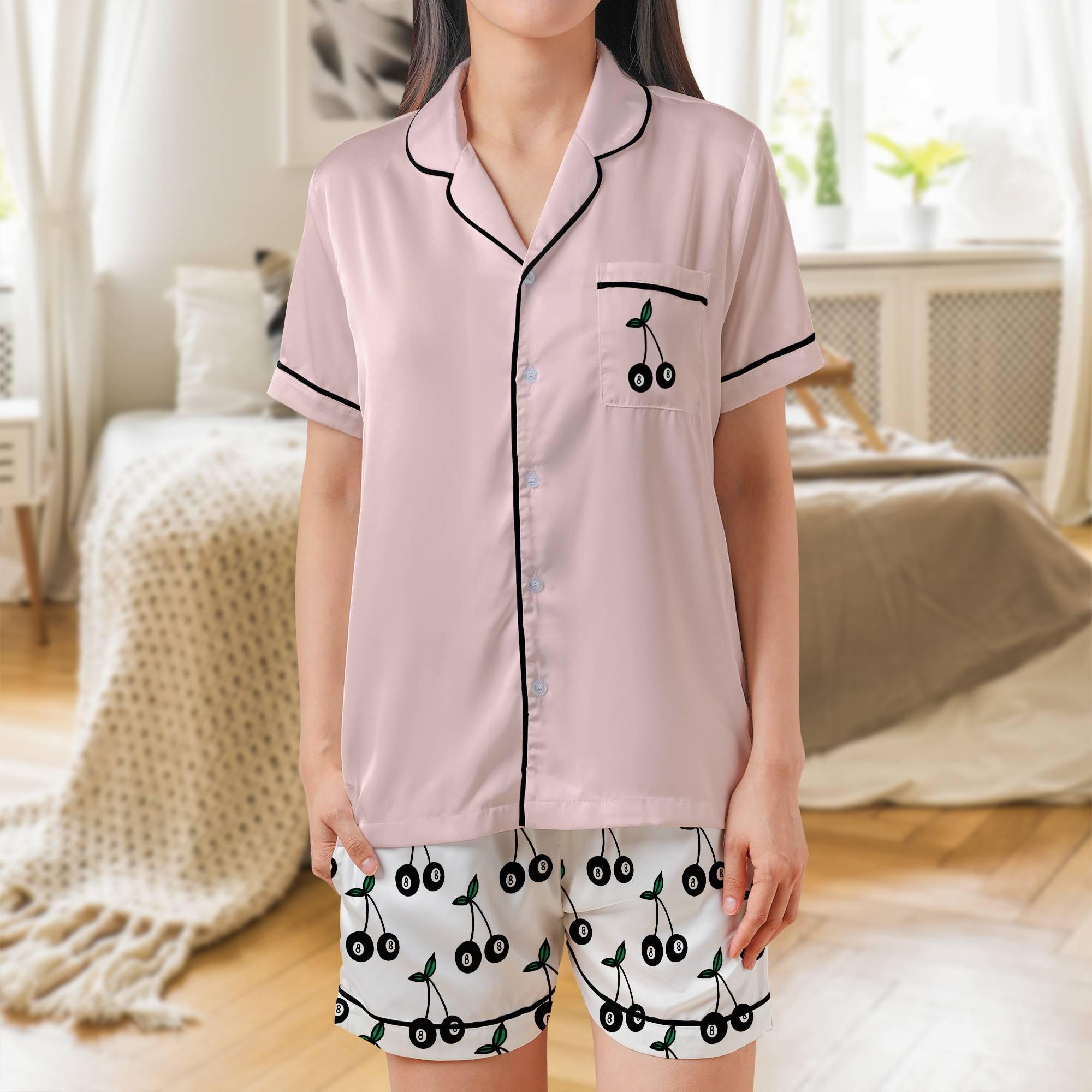 Cherry Satin Pajama Set: Eight Ball Design, Short Sleeves - Etsy