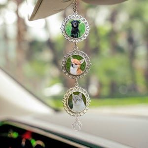Custom Pet Photo Portrait Rear View Mirror Charm, 1-3 Pet Car Accessory Personalized Dog, Cat Memorial Gift