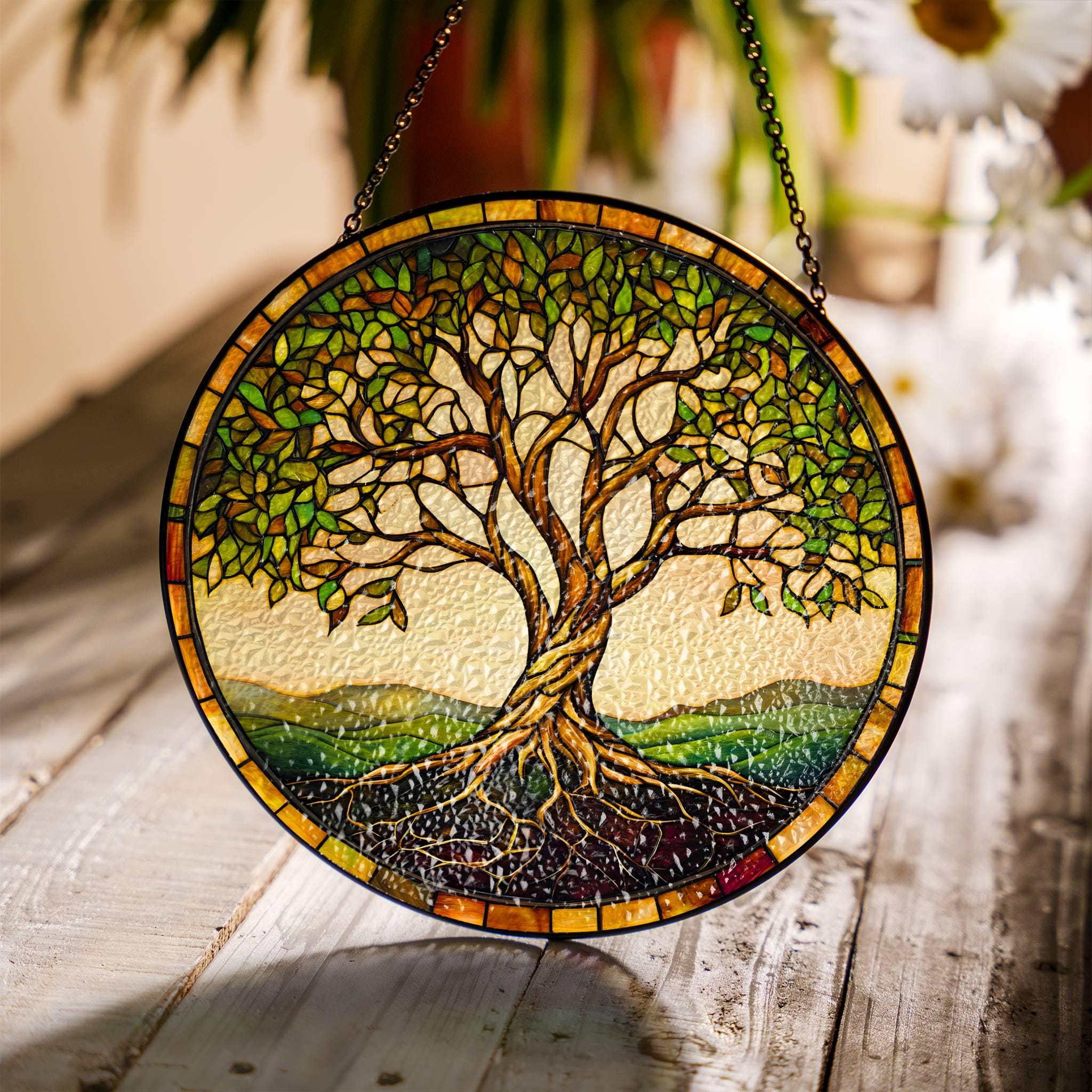 WOHAHA Buntglas-Sonnenfänger Lebensbaum – 20 Cm, Handbemalt, Für Fenster & Garten, Inkl. Aufhänger