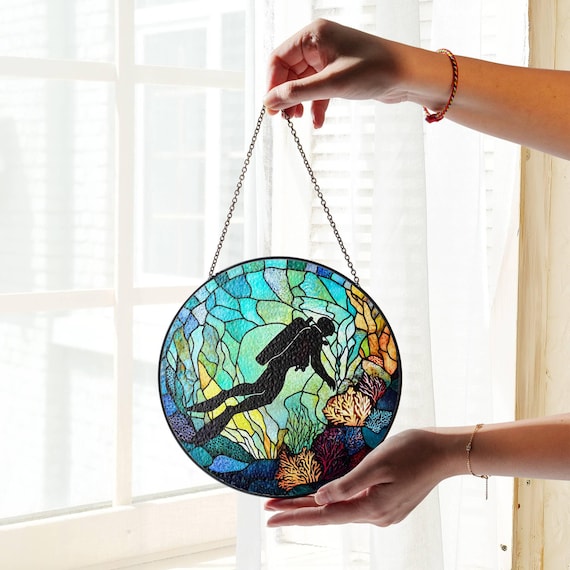 Scuba Diver Stained Glass Suncatcher: Ocean Coral Window Hanging