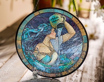 Aquarius Sun Catcher Zodiac Stained Glass LightCatcher Aquarius Gift Window Hanging