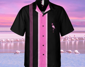 Flamingo Button Down Shirt with Pocket, Black and Pink Short-sleeve Hawaiian Shirt