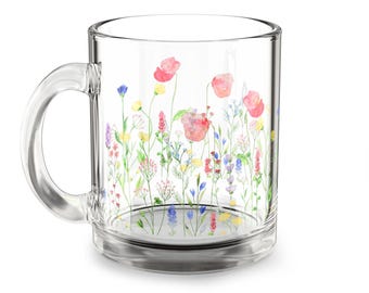 Floral Glass Coffee Mug: Cottagecore Wildflower Design (10oz)