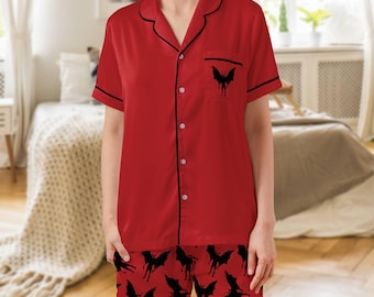 Mothman Pyjamas Set: Röd Satin Kortärmad Loungewear