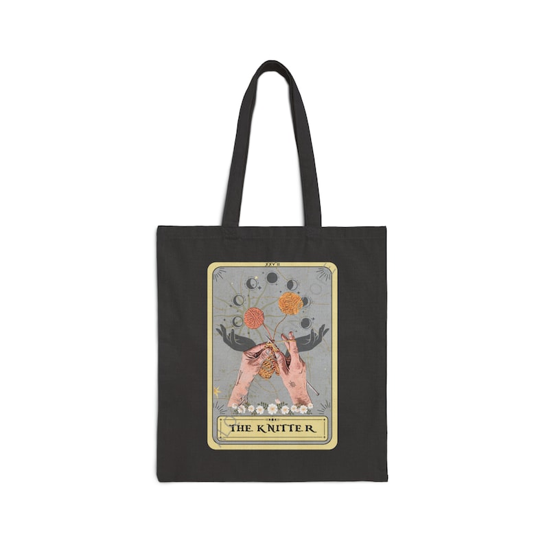 Knitting Tote Bag, The Knitter Tarot Card Tote Bag, Knitter Canvas Tote Bag Knitter Shopping Bag for Knitting Lover Black