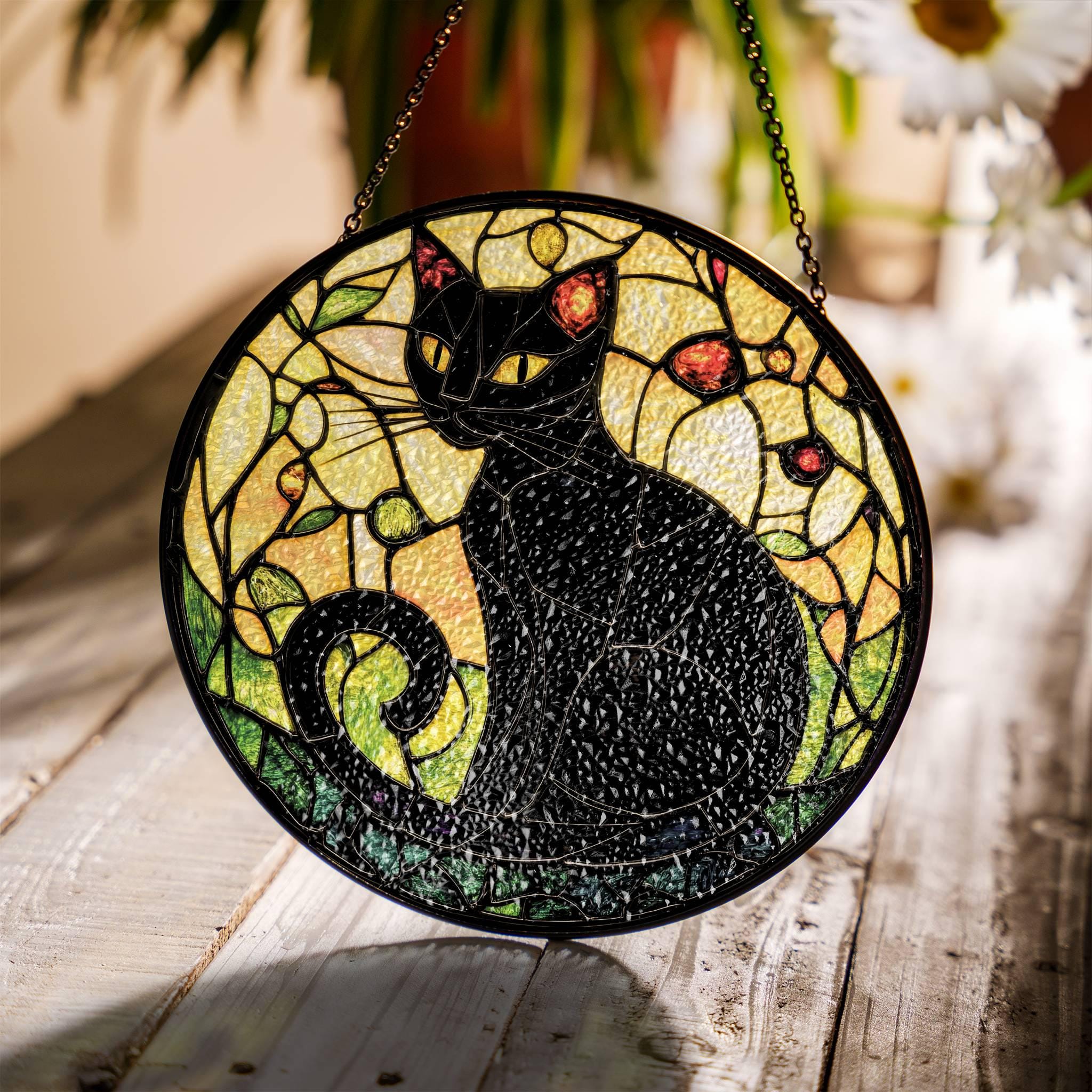 黒猫のサンキャッチャー：ステンドグラス風窓飾り - Etsy 日本