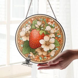Strawberry Stained Glass SunCatcher, Strawberry Flowers Window Hanging Protection Charm Home Decor Gift New Home Gifts
