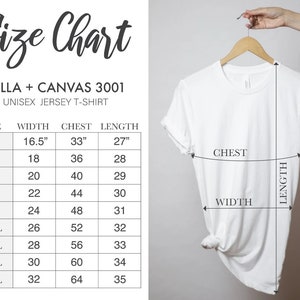 Puede incluir: Tabla de tallas para camisetas de jersey unisex Bella + Canvas 3001. La tabla muestra las medidas en pulgadas para el ancho, el pecho y la longitud para las tallas XS a 5XL.