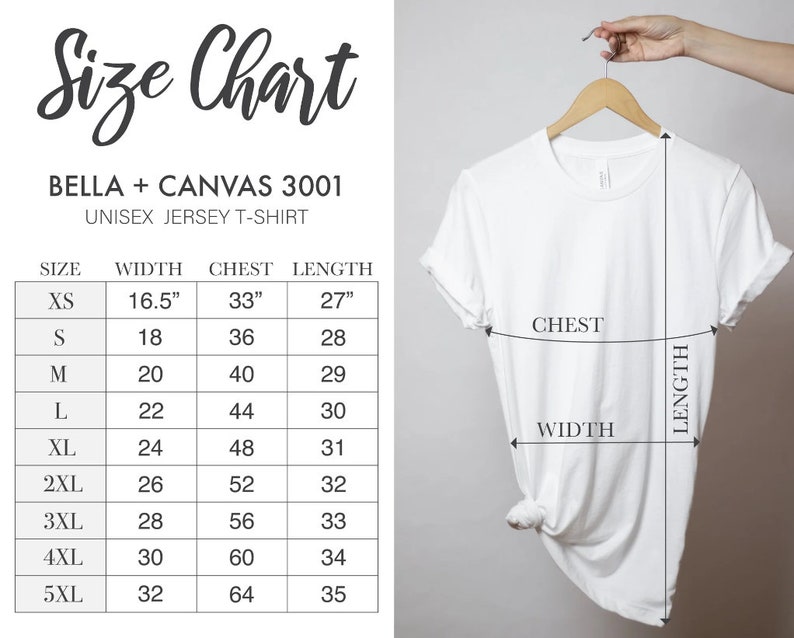 Puede incluir: Tabla de tallas para camisetas de jersey unisex Bella + Canvas 3001. La tabla muestra las medidas en pulgadas para el ancho, el pecho y la longitud para las tallas XS a 5XL.