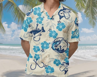 Chemise Hawaïenne Homme Columbia, Lin/Coton, Bleu Poisson, Taille M
