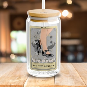 Vaso de cristal para cartas de tarot The TapDancer, Vaso de claqué de 16 oz con tapa de bambú, Regalo de claqué, Lata de cristal para baile de claqué