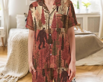 Bigfoot Satin-Pyjama-Set: Sasquatch Damen Kurzarm-Nachtwäsche