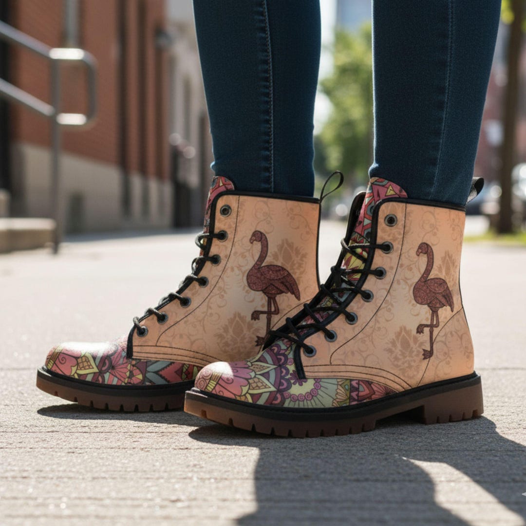Flamingo Mandala Boots Vegan Leather Combat Boots - Etsy