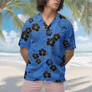 Camisa hawaiana Blue Heron: camisa de manga corta con botones para observación de aves