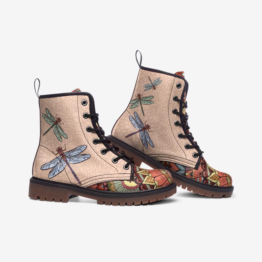 Dragonfly Mandala Vegan Leather Combat Boots: Unique Women display picture 2