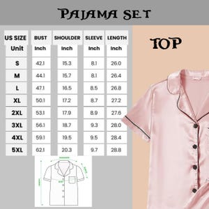Puede incluir: Una parte superior de pijama rosa con ribete negro se muestra junto a una tabla de tallas. La tabla enumera las medidas de busto, hombro, manga y largo en pulgadas para las tallas S a 5XL. Tambi&eacute;n se ven las palabras "PAJAMA SET" y "TOP".