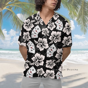 Chemise hawaïenne de poker Chemise de jeu Blackjack Chemise boutonnée à manches courtes Cadeau pour amateur de casino Las Vegas Trip Casino Chemise Cartes de poker