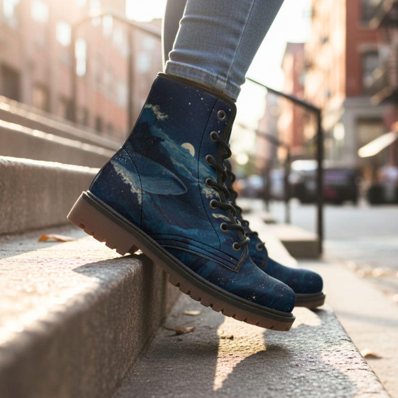 May include: Blue combat boots with a whale and ocean design. The boots feature a dark blue background with a whale, waves, and a moon. The boots have black laces and brown soles.