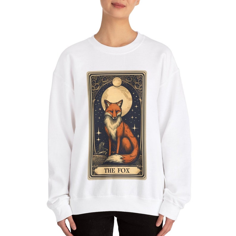 Fox Sweatshirt, The Fox Tarot Card Sweatshirt, Fox Lover Gifts for Fox Lover Sweater, Fox Crew Neck Jumper White
