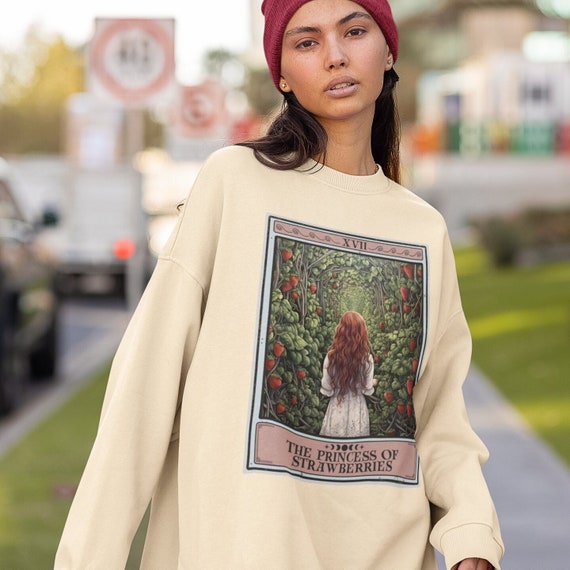 Strawberry Sweatshirt, The Princess of Strawberries Tarot Card Strawberry Lover Gifts For Fruit Lover Strawberries Sweater Crew Neck