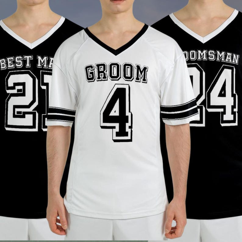 May include: Three V-neck jerseys, one white and two black. The white jersey has "GROOM 4" printed on it. The black jerseys have "BEST MAN 21" and "GROOMSMAN 24" printed on them. All jerseys have black and white stripes on the sleeves.