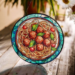 Massa Vitral Comida Italiana Apanhador de Sol Espaguete Almôndega Amante Apanhador de Luz Janela Pendurada Comida Italiana Decoração de Casa Presente Gastronômico