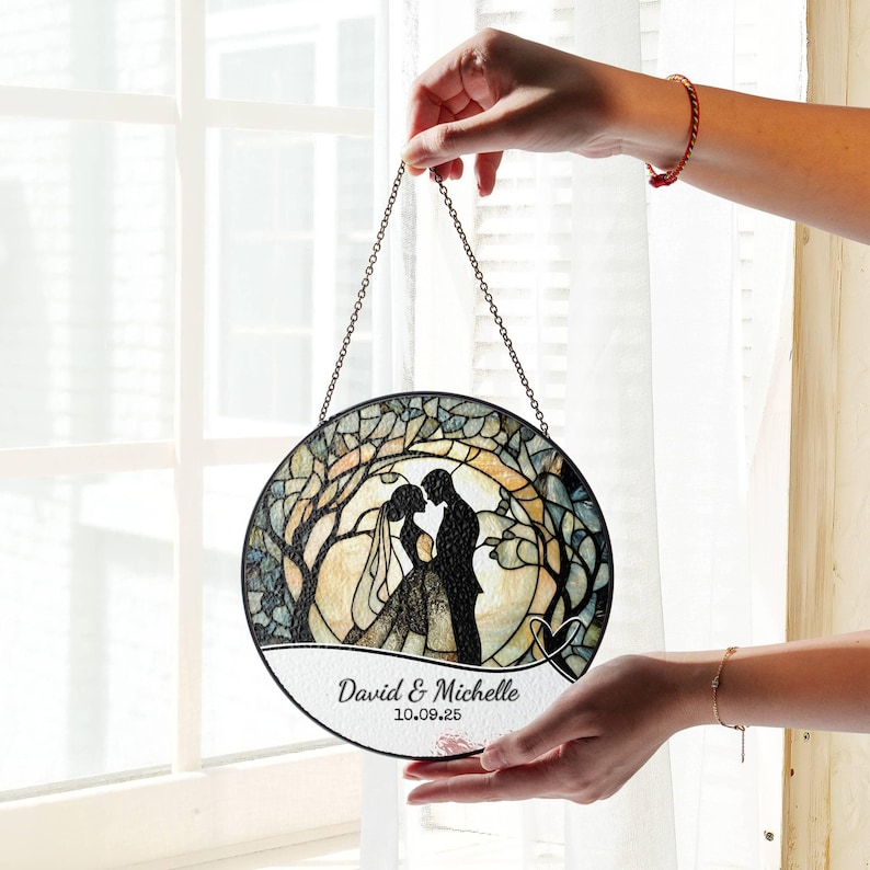 Wedding Gift Stained Glass Sun Catcher Ornament Bride and Groom Ornament Light Catcher Mr & Mrs Couples Gift Bridal Shower Gift for Couple