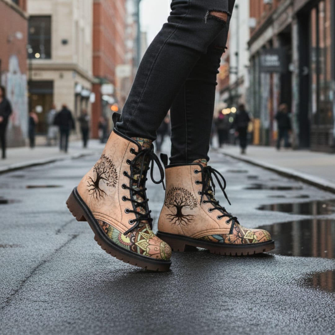 Tree of Life Mandala Boots Vegan Leather Combat Boots: Unique Boho ...