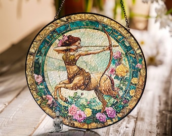Sagittarius Zodiac Suncatcher: Faux Stained Glass Window Hanging