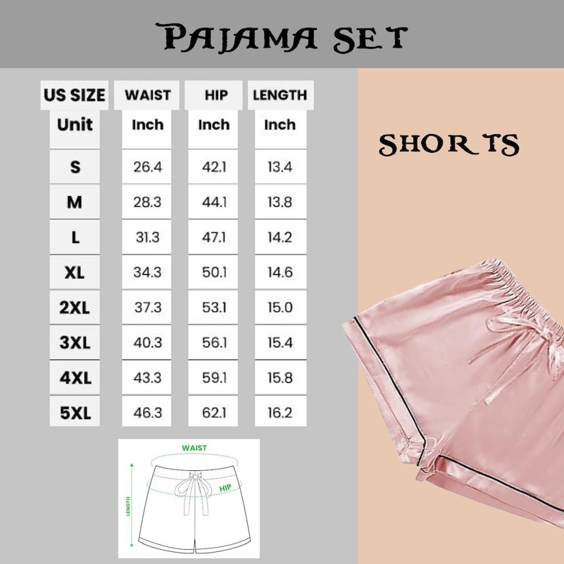 Puede incluir: Tabla de tallas de pijama con medidas en pulgadas. La tabla incluye tallas de la S a la 5XL, con medidas de cintura, cadera y largo. A la derecha se muestra un pantal&oacute;n corto de sat&eacute;n rosa con ribete negro. Se muestra el texto "SHORTS".