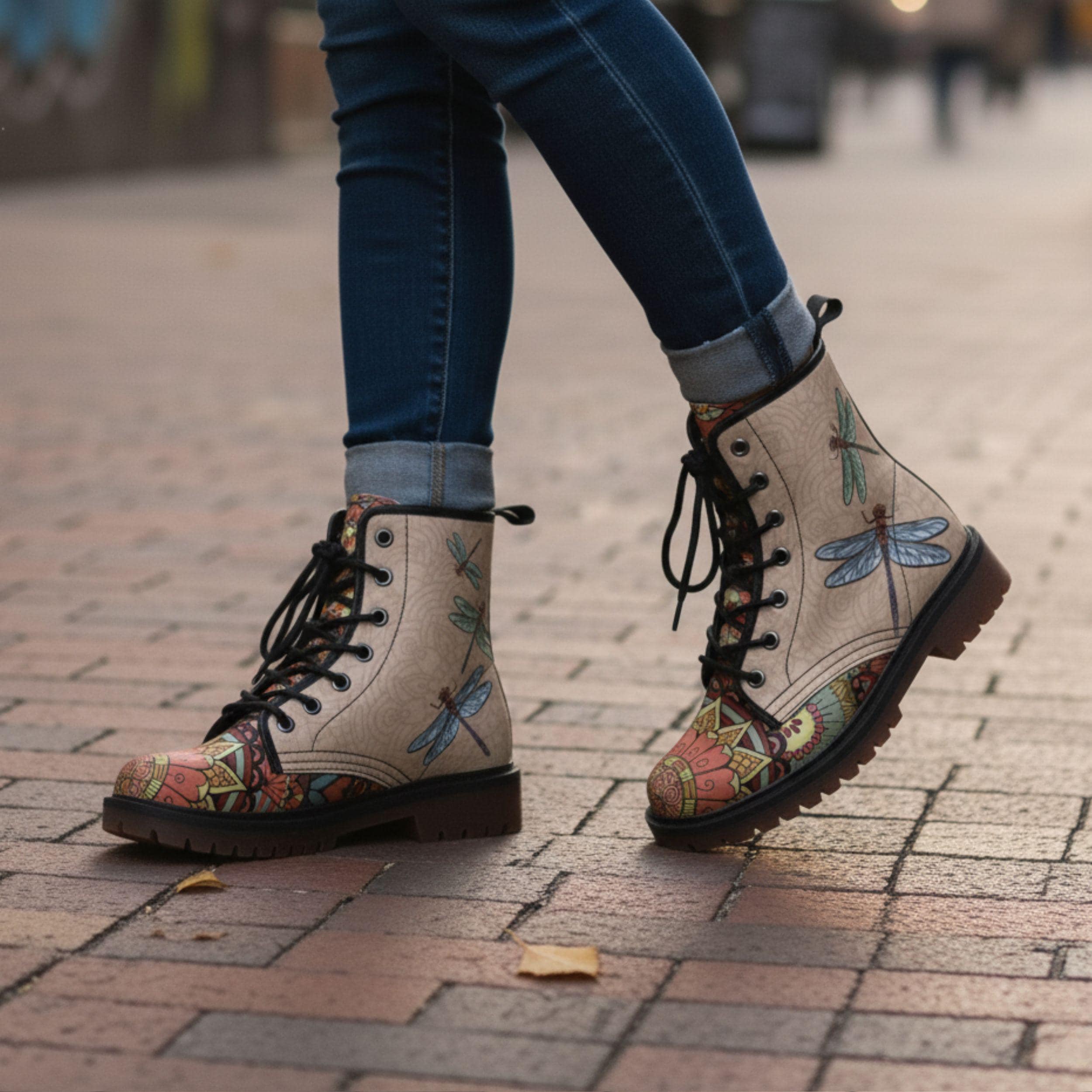 Dragonfly Mandala Vegan Leather Combat Boots: Unique Women
