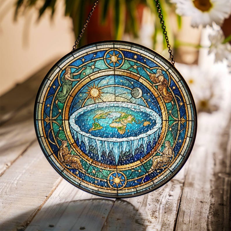 Flat Earth Suncatcher Faux Stained Glass: Conspiracy Theory Window Hanging Design 2